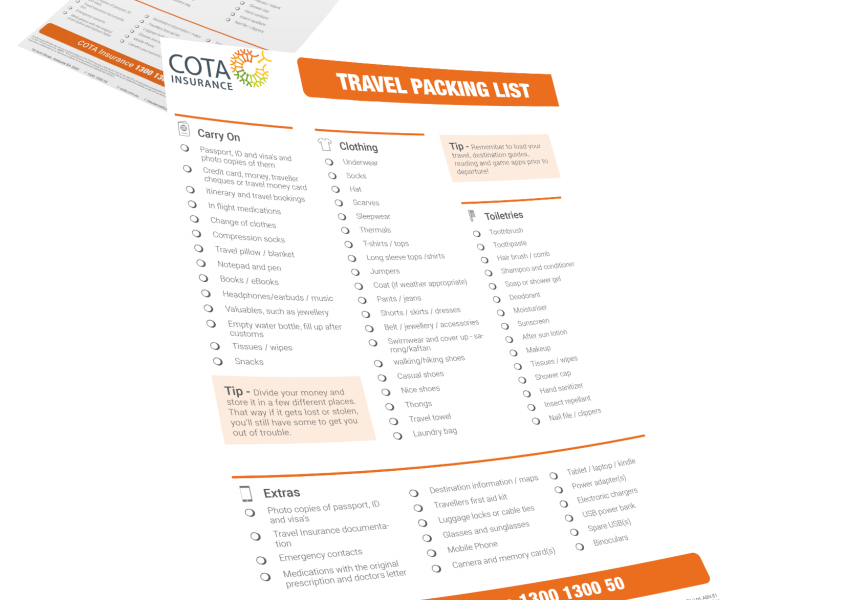 COTA Insurance Travel Packing List Image